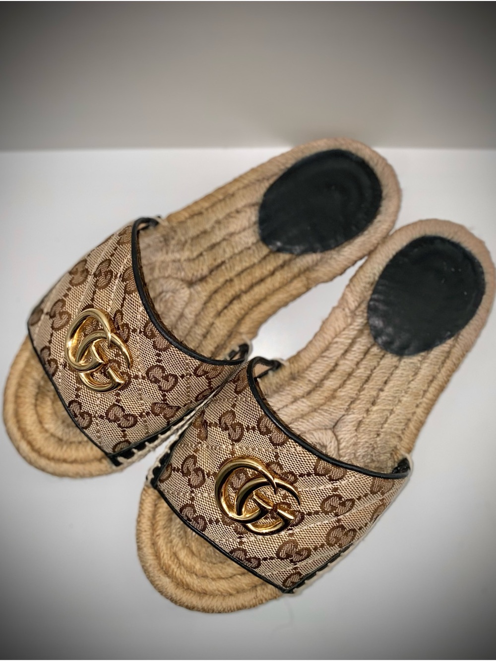 Authentic Gucci Beige Monogram Slide Espadrille with Gold GG - Picture 11 of 15